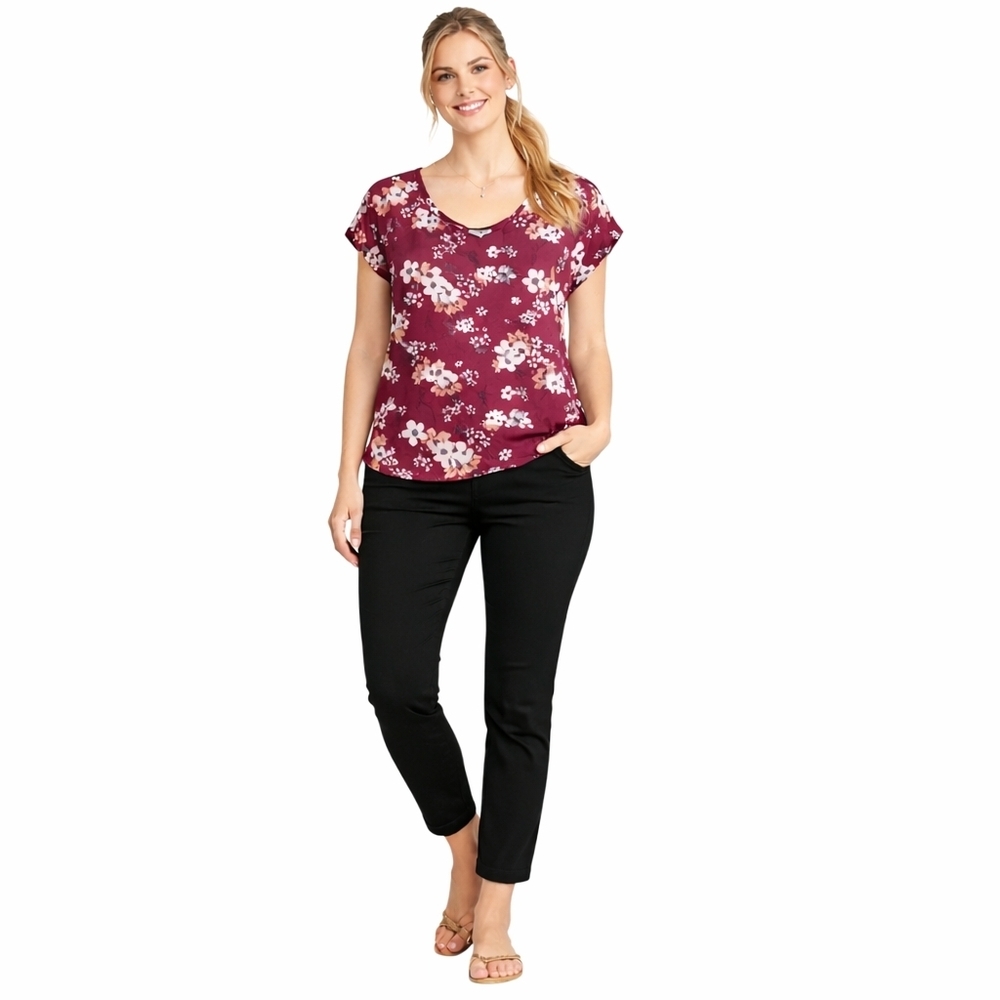 Pink Rose Medium Burgundy Floral V-Neck Short Sleeve Blouse